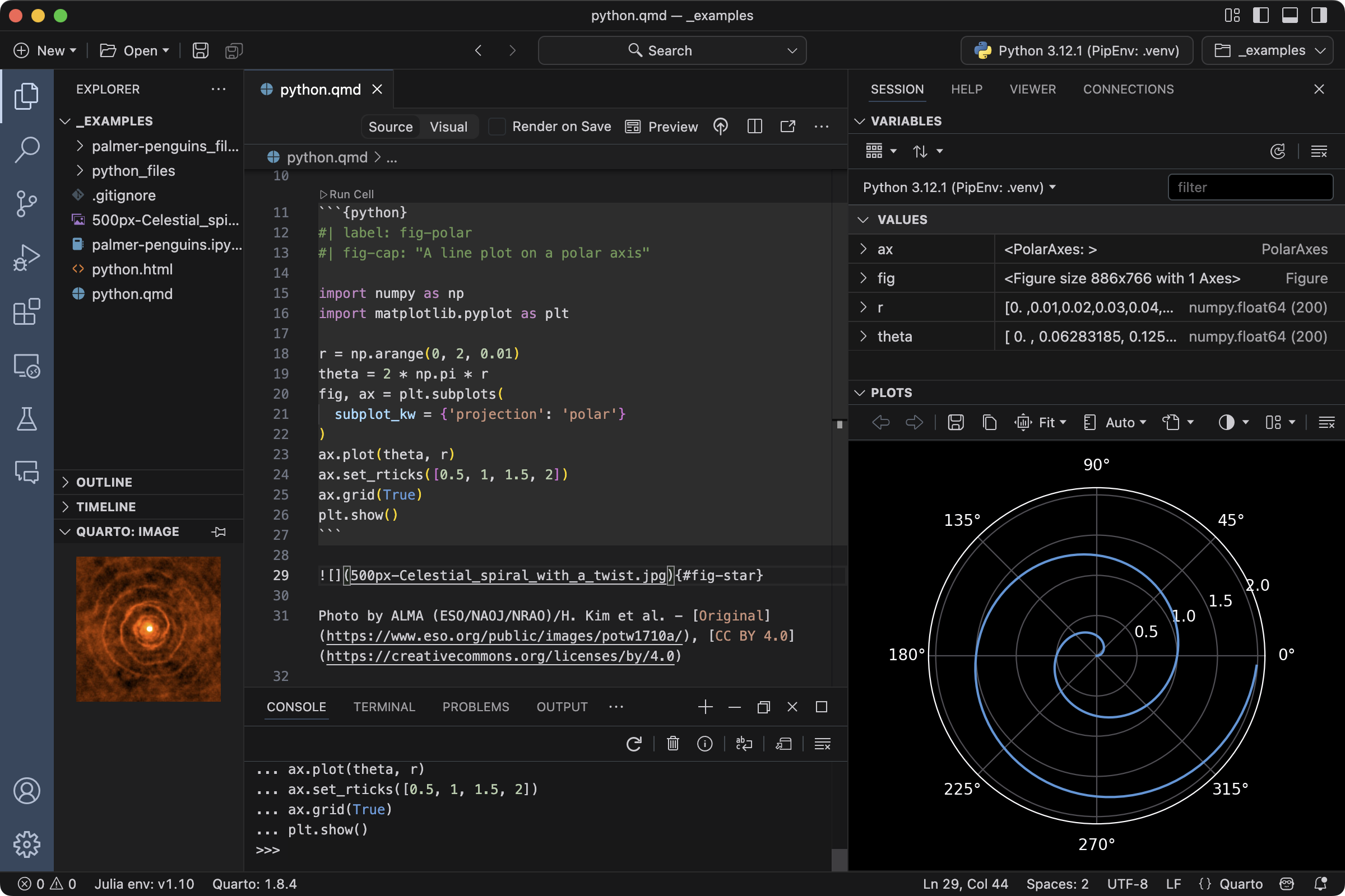 Screen shot of Positron editor with three vertical sections. The leftmost includes the file explorer, and quarto assist pane. The second pane is the source code for a quarto file with python code, and the active Python Console. The third shows the Environment and Plots for the active console populated with the output of the code cells.