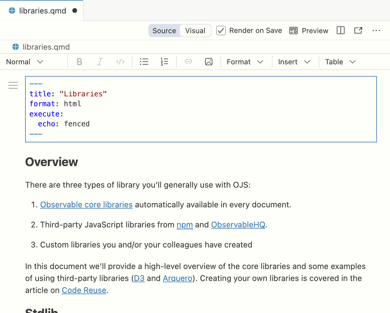 Positron with a document called `libraries.qmd` open in visual editing mode. The subtitle and list of items are typeset. The visual editing toolbar is visible at the top of the document.