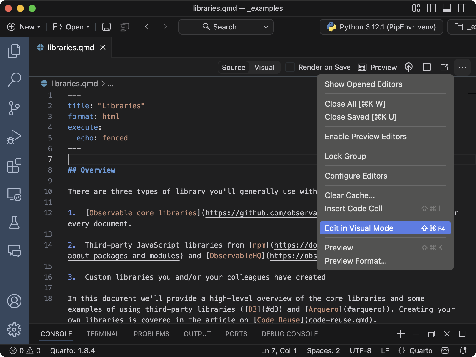 The editor menu with the Edit in Visual Mode command highlighted.