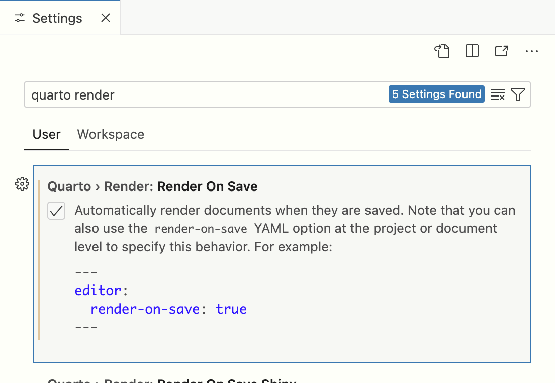 The VS Code Quarto render settings. The Render on Save option is checked.