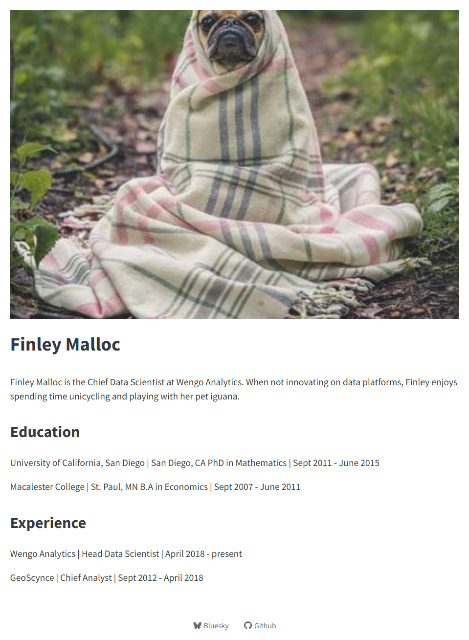 Screenshot of an About page using the marquee template. It has a large image at the top, followed by the author name, body, and links below.
