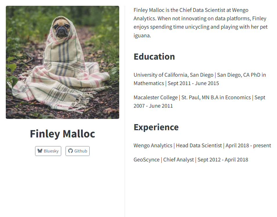 Screenshot of an About page using the trestles template. It has a headshot of the author and links on the left and the body of the about page on the right.